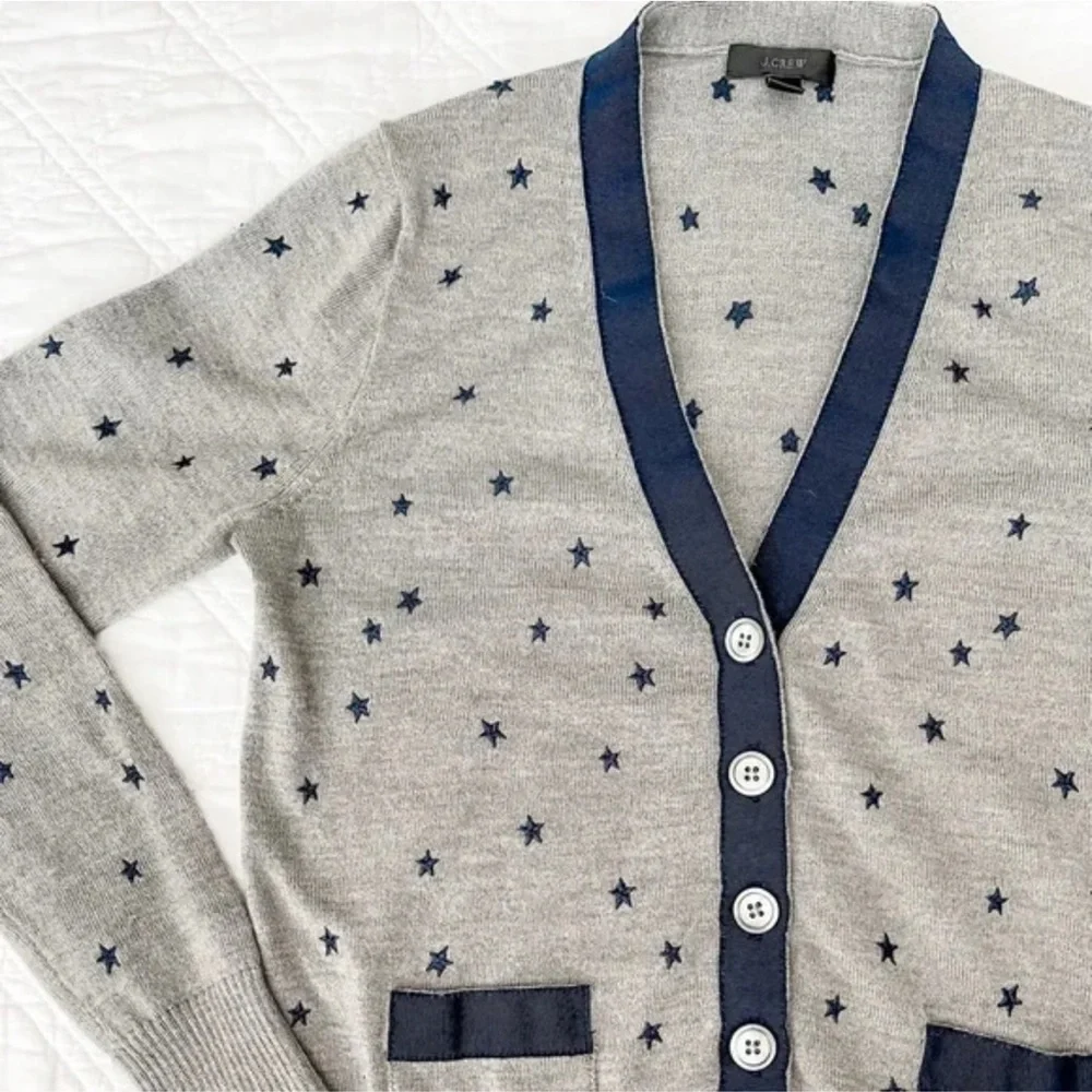 J. Crew Gray and Blue Cardigan Sweater with Polka Dot Pattern